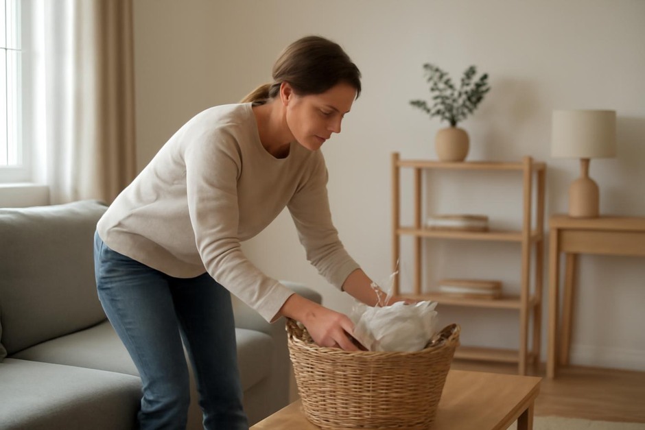 Person quickly tidying a living room with a basket